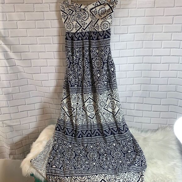 Element Eden Blue Print Open Back Side Slit Dress - Picture 1 of 7